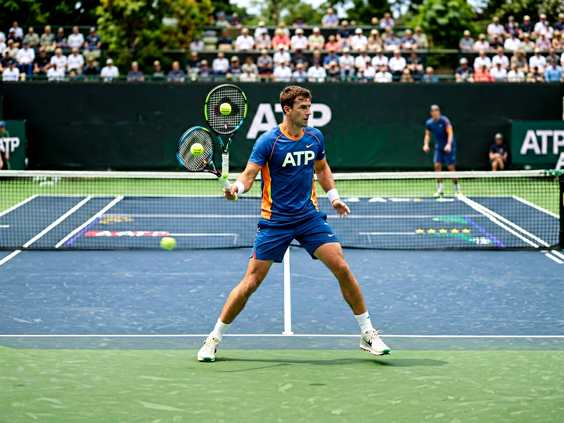 ATP巡回赛比赛现场，职业网球运动员在硬地球场上竞技